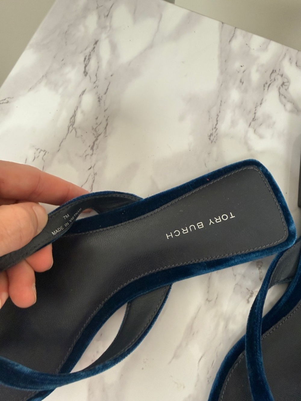 Tory Burch Blue Velvet Thong Sandals with Logo Accent - Picture 2 of 9